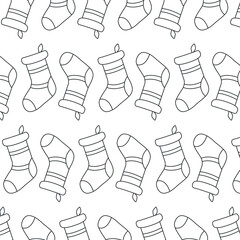 Doodle style pattern with Christmas socks. Vector seamless hand drawing vector pattern of winter sock