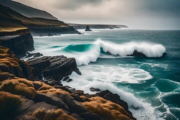 Obraz premium Shoot the rugged coastline with cliffs and crashing waves, highlighting the sea spray and coastal hues in a soft