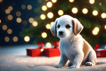 Cute puppy on christmas tree background. Generative AI