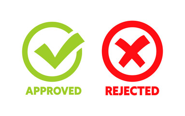 Approved and rejected label sticker. Green check mark yes and red cross no icon. Vector stock illustration