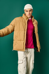 stylish man in beanie hat and winter puffer jacket posing on turquoise background, winter trends