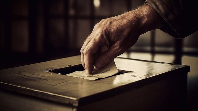 The hand of the voter drops the ballot into the ballot box.