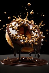 chocolate donut with chocolate icing, donut levitation, with chocolate drops