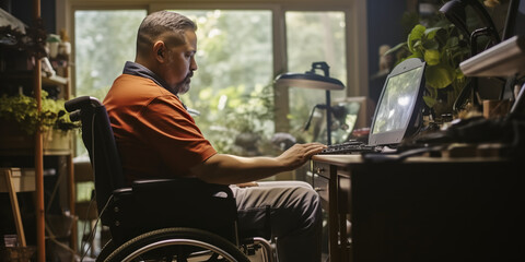 Diverse Work Environments: Man in Wheelchair in Home Office - obrazy, fototapety, plakaty