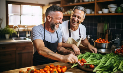 Joyful Moments: Gay Couple Cooking and Conversing in Kitchen - obrazy, fototapety, plakaty