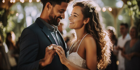 Radiant Newlyweds Dancing Together in Outdoor Wedding - obrazy, fototapety, plakaty