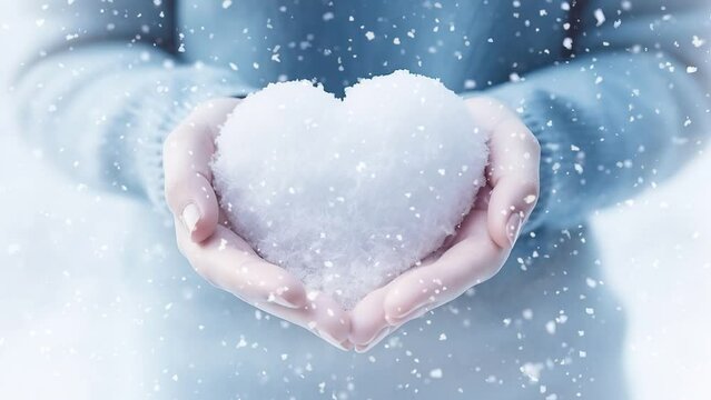 close-up of woman holding a snowball in shape of heart
