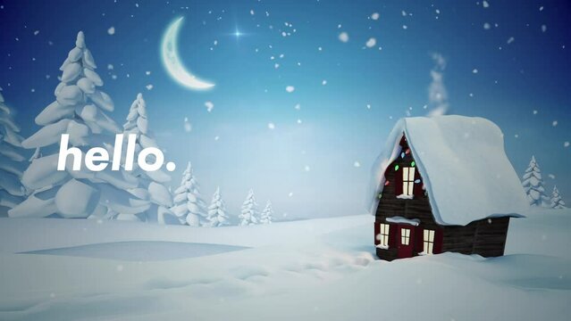 Animation of hello text over winter scenery