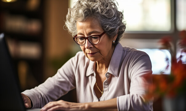 Elderly Woman Using PC for Home Financial Planning