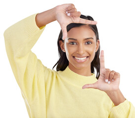 Portrait, finger frame and woman isolated on transparent png background to review picture. Face, happy indian model or hands planning perspective of photography, selfie or inspiration of photographer