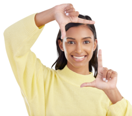 Portrait, finger frame and woman isolated on transparent png background to review picture. Face, happy indian model or hands planning perspective of photography, selfie or inspiration of photographer