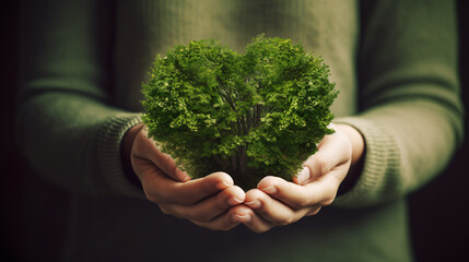 Naklejka na ściany i meble hands holding green heart shaped tree / tree arranged in a heart shape / love nature / save the world / heal the world / environmental preservation
