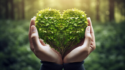 hands holding green heart shaped tree / tree arranged in a heart shape / love nature / save the world / heal the world / environmental preservation