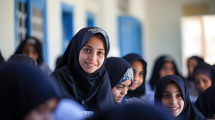 Muslim school girls at school - obrazy, fototapety, plakaty