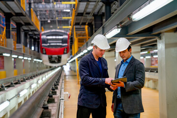 Professional manager or engineer workers discuss together with tablet in front of electrical or...