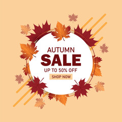 Autumn sale social media template post. Maple fall foliage round frame. Flat vector style