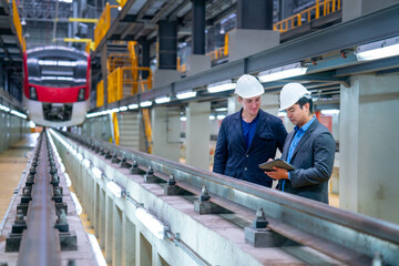 Professional manager or engineer workers discuss together with tablet near railroad tracks in front...