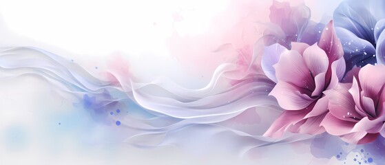 Abstract watercolor background with pink and blue flowers.