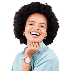 Laugh, face and happy portrait of a black woman for afro and style isolated on a transparent, png background. Headshot, casual and african female person with confidence, beauty and a positive mindset