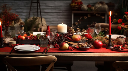 Fototapeta na wymiar Large breakfast dinner table on a table with festive atmosphere in light brown and red