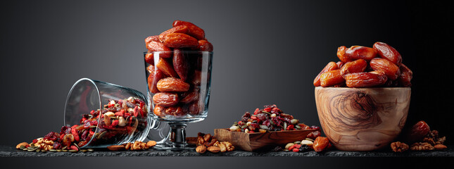 Dates, dried fruits, nuts, and seeds.