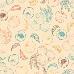 Vector seamless pattern with peach. Hand drawn textures. Elegant seamless botanical pattern for paper, fabric, wallpaper, surface design