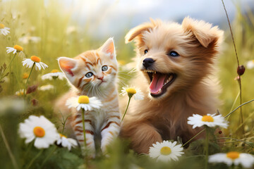 Kitten and puppy in a flower meadow