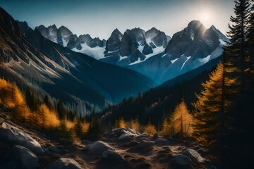 Photograph expansive mountain views, focusing on the interplay of light and shadow on the peaks in a way that evokes the gentle