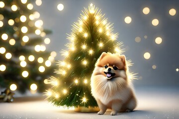 Cute baby Pomeranian on Christmas tree background. Generative AI