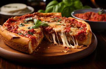 Chicago Deep Dish pizza is a thick, pan-style pizza with layers of cheese, toppings, and chunky...