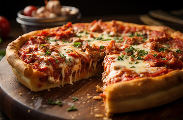 Chicago Deep Dish pizza is a thick, pan-style pizza with layers of cheese, toppings, and chunky...
