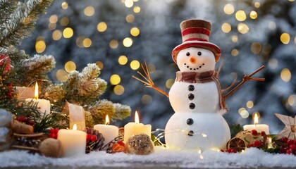 Snowman with Christmas tree with candles