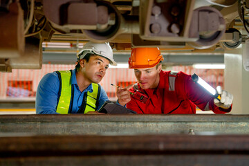 Professional engineer and technician workers check and maintenance under the train with use light...