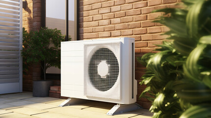 outdoor unit of a modern heat pump  standing by the wall