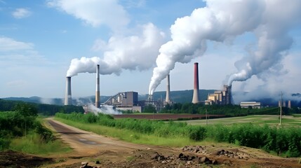 Fototapeta na wymiar Eco-conscious chimneys, ground-level shot of smokestacks emitting reduced fumes with green belts in the foreground, highlighting industries' commitment to environmental well-being.