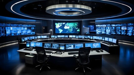 Digital command center, wide-angle shot of a high-tech control room, with operators monitoring global operations on sprawling screens, signifying the interconnected world of modern industries.