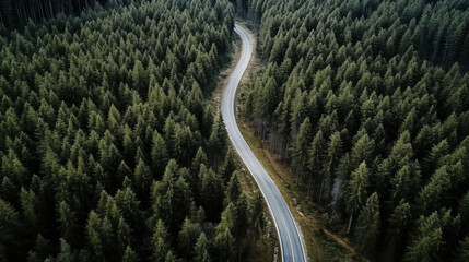  Aerial top view of green forest. The road in the forest. Pine trees and spruce trees. Drone photo. Aerial landscape of green pine woods. A birds eye view. 
