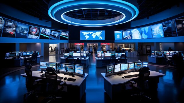 Digital command center, wide-angle shot of a high-tech control room, with operators monitoring global operations on sprawling screens, signifying the interconnected world of modern industries.