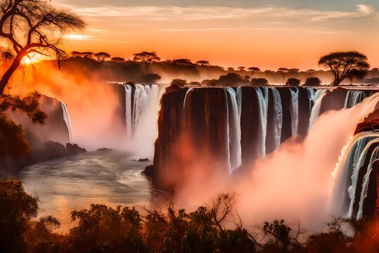 A serene sunrise over Victoria Falls::2, casting a soft, warm glow on the tranquil Zambezi River