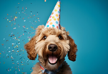 Happy cute labradoodle dog wearing a party hat celebrating at a birthday party, surrounding by falling confetti on solid light blue background - obrazy, fototapety, plakaty