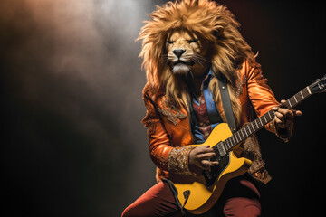 Lion as a rock musician playing the guitar on stage. Portrait close-up. Light in smoke on dark background - 671034842
