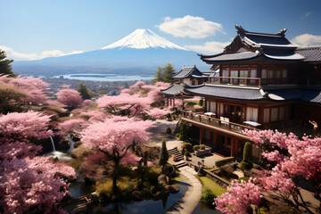 Fototapeta premium Amazing Japanese sakura blossoms, beautiful pink blooming cherry trees generated AI