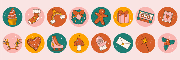Groovy 70s Christmas sticker set. Trendy retro cartoon style. Comic cartoon elements. Highlight set