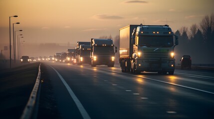 Road trucks in convoy, low-angle shot of trucks on a highway at dawn, headlights on, signifying relentless trade journeys.
