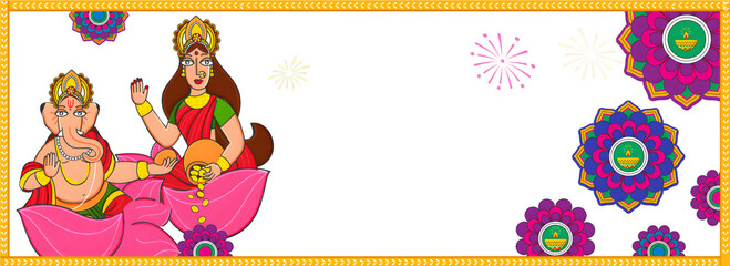 Fototapeta premium Illustration Of Lord Ganesha with Goddess Lakshmi Statue and Floral Decorated Background For Happy Diwali Celebration Concept.