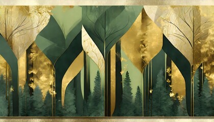 Background with lush nature, with large green and gold leaves, in art deco style. Starry sky with constellations. Concept of life on Earth, mother nature, hope, beauty.