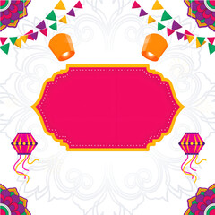 Shubh (Happy) Diwali Text Over Pink Frame With Sky Lanterns, Kandil Hang And Bunting Flags Decorated Mandala Pattern Background.
