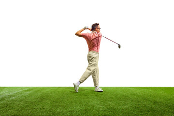 Fototapeta na wymiar Rear view. Professional male golfer on green grass at golf club in summertime. Golfer taking shot at hole.
