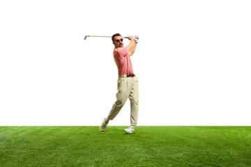 Determined golfer, aligns their swing flawlessly, showcasing unwavering concentration and skill as they aim for distant green on picture-perfect day.