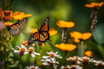 Obraz premium Photograph a garden alive with butterflies flitting among the flowers, aiming to portray their delicate beauty in a way that echoes the softness of watercolor art